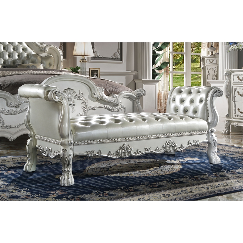 ACME Dresden Wooden Bench with Faux Leather Upholstery in Bone White