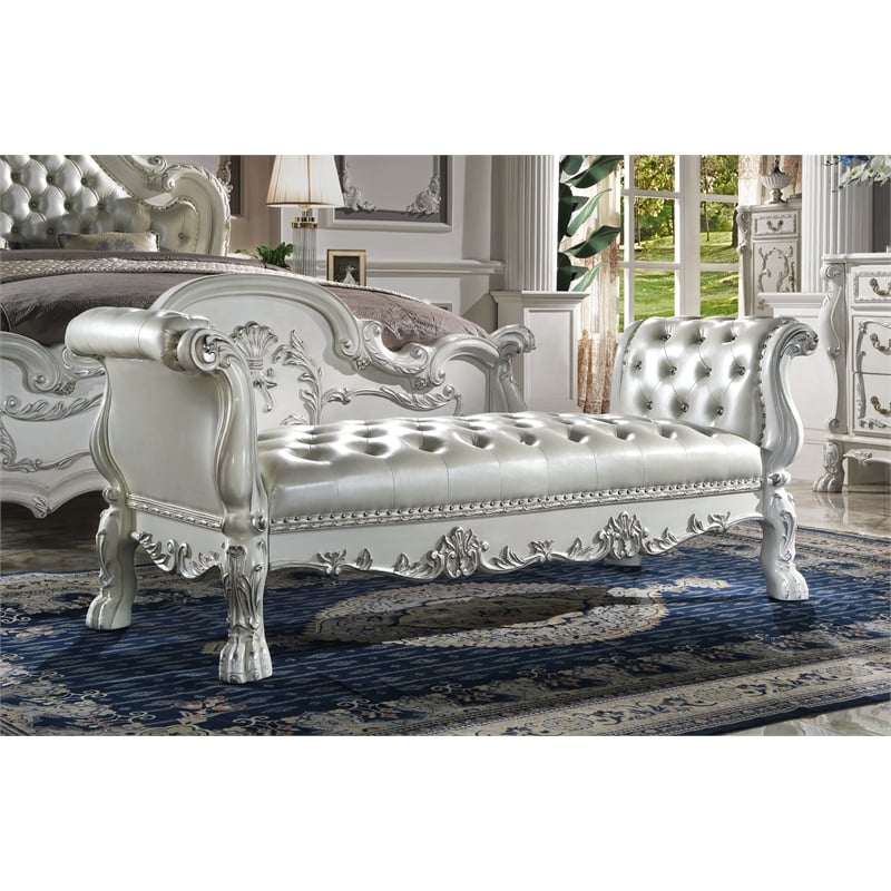 ACME Dresden Wooden Bench with Faux Leather Upholstery in Bone White