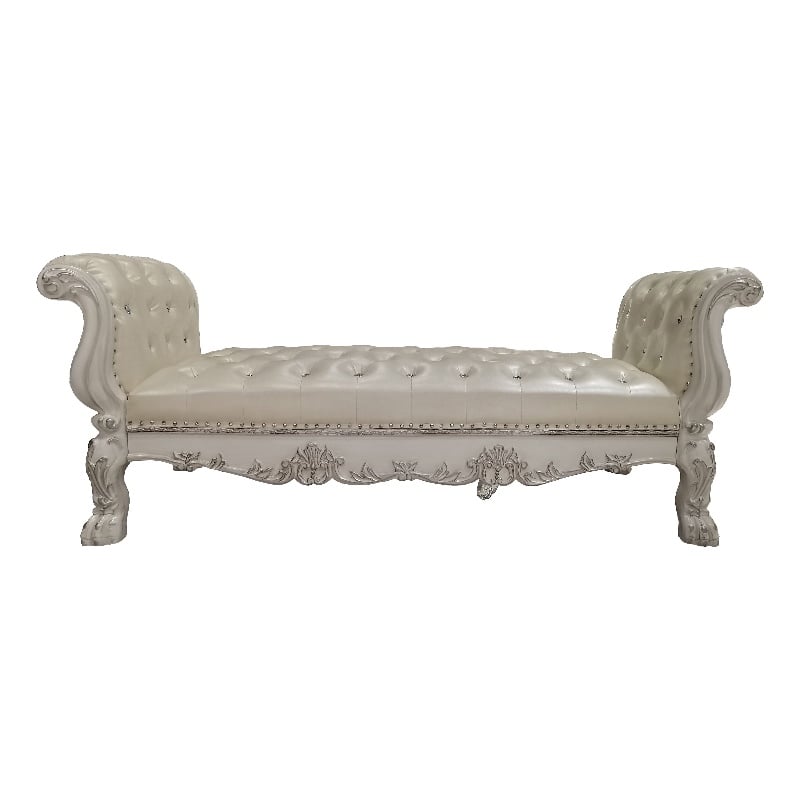ACME Dresden Wooden Bench with Faux Leather Upholstery in Bone White