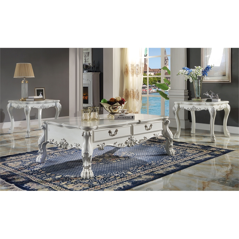 ACME Dresden Square Wooden Top End Table with Claw Legs in Bone White