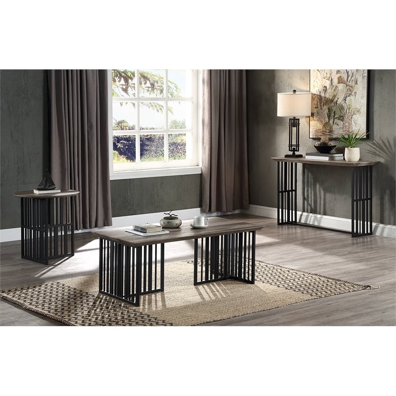acme furniture zudora rectangular wood & metal sofa table in antique oak/black