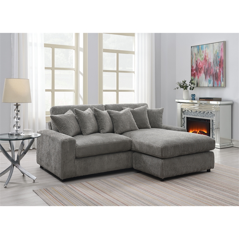 ACME Furniture Tavia Corduroy Fabric L-Shaped Sectional with 6 Pillows in Gray