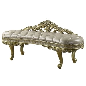ACME Cabriole Wooden Upholstered Tufted Bench in Light Gold and Gold