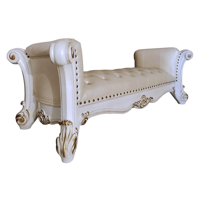 ACME Vendome Wooden Upholstered Tufted Bench in Antique Pearl