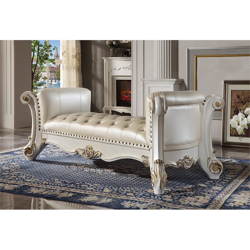 ACME Vendome Wooden Upholstered Tufted Bench in Antique Pearl