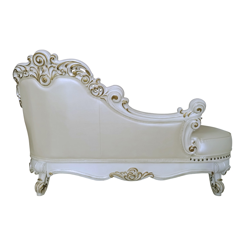 ACME Vendome Wooden Upholstered Chaise with Two Pillows in Pearl