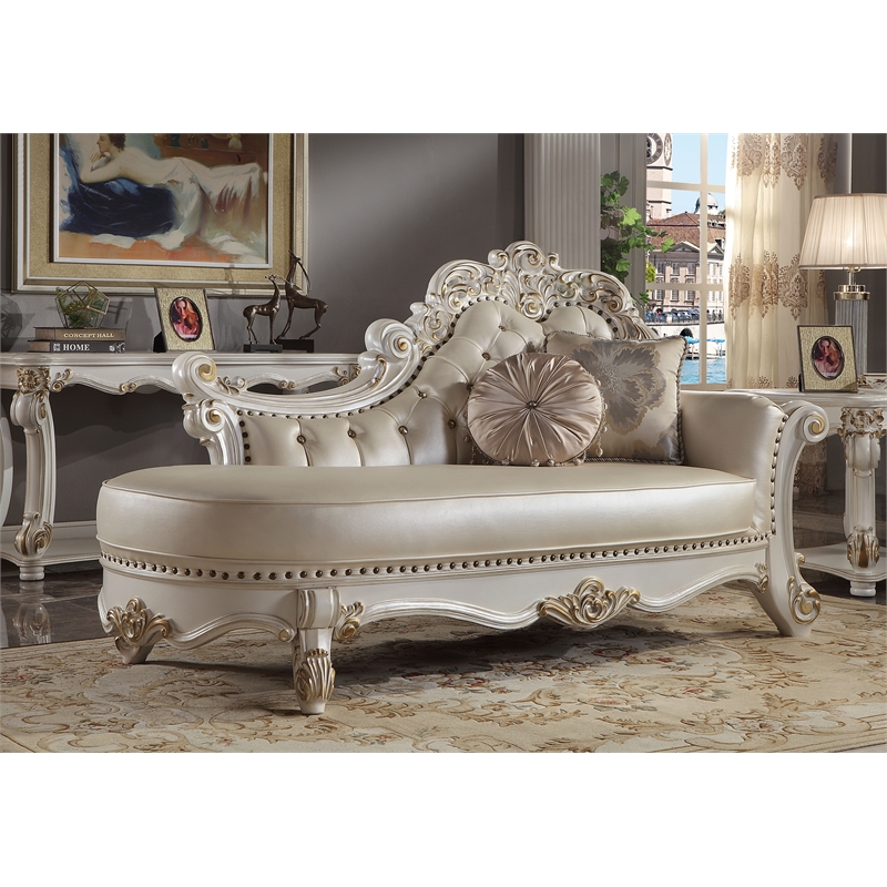 ACME Vendome Wooden Upholstered Chaise with Two Pillows in Pearl