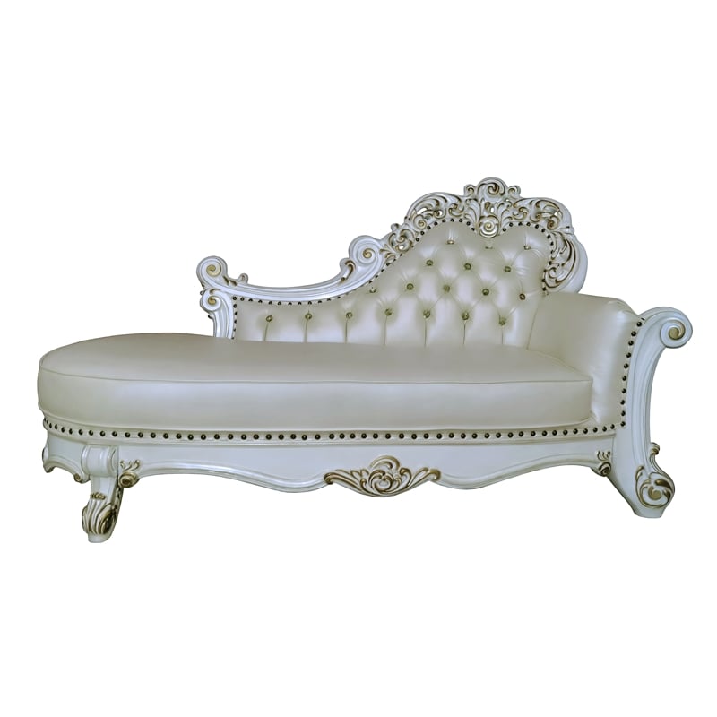 ACME Vendome Wooden Upholstered Chaise with Two Pillows in Pearl