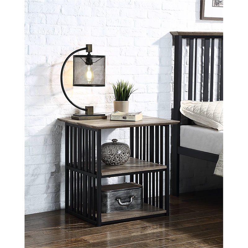 ACME Zudora Wooden Nightstand with Shelves in Antique Oak and Black