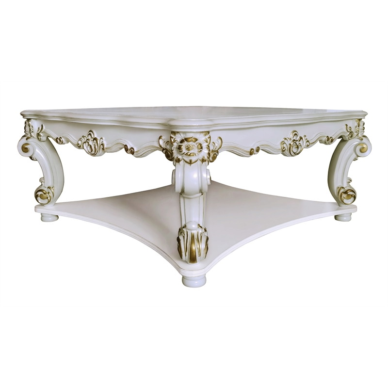 ACME Vendome Wooden Square Coffee Table with Scrolled Legs in Antique Pearl