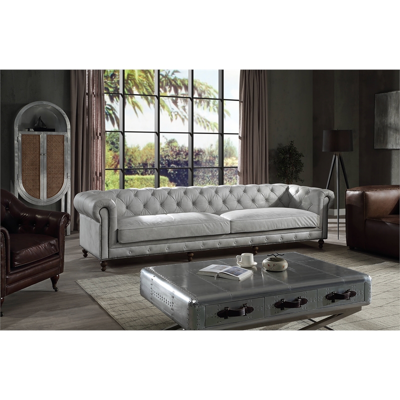 ACME Ofer Leather Upholstered Sofa in Vintage White