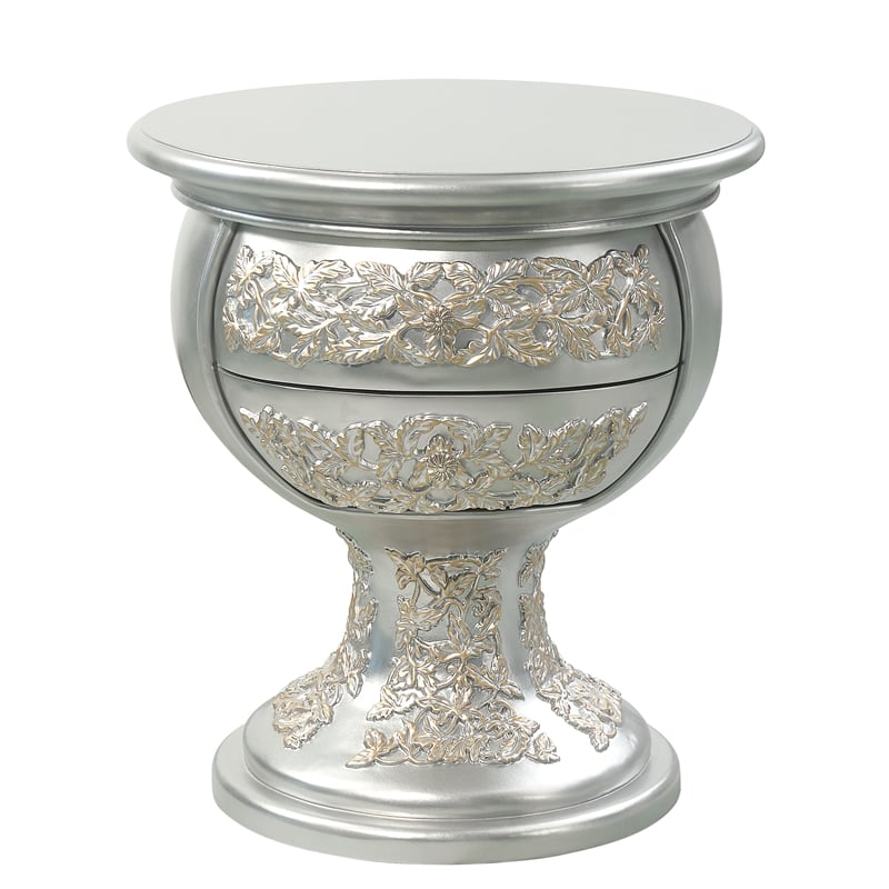 ACME Sandoval Wooden Storage Nightstand with Floral Ornament in Champagne