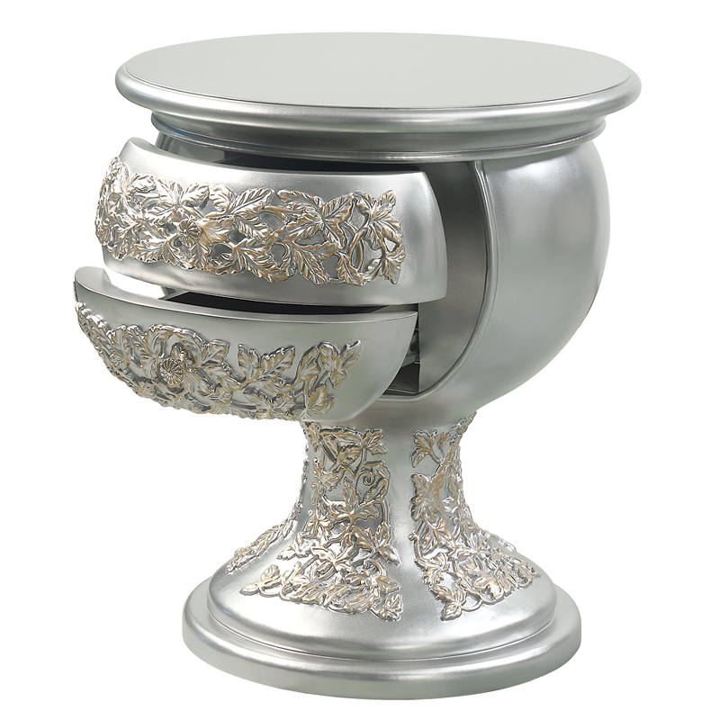 ACME Sandoval Wooden Storage Nightstand with Floral Ornament in Champagne