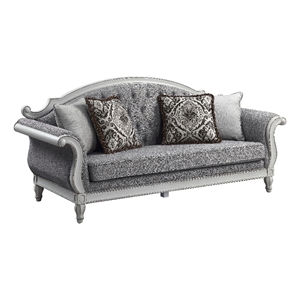 acme furniture florian tufted fabric sofa with 4 pillows in gray/antique white