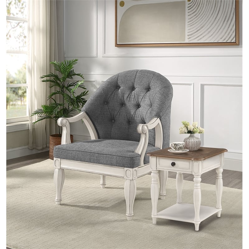 ACME Furniture Florian Button Tufted Fabric & Wood Chair in Gray/Antique White