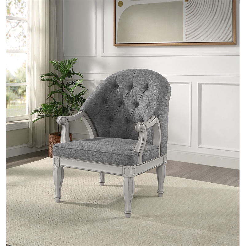 ACME Furniture Florian Button Tufted Fabric & Wood Chair in Gray/Antique White
