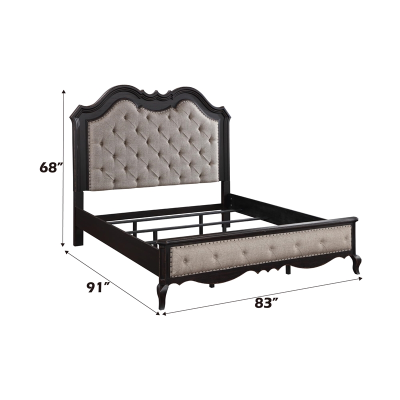 ACME Chelmsford Tufted Fabric & Wood Eastern King Bed in Beige/Antique Black