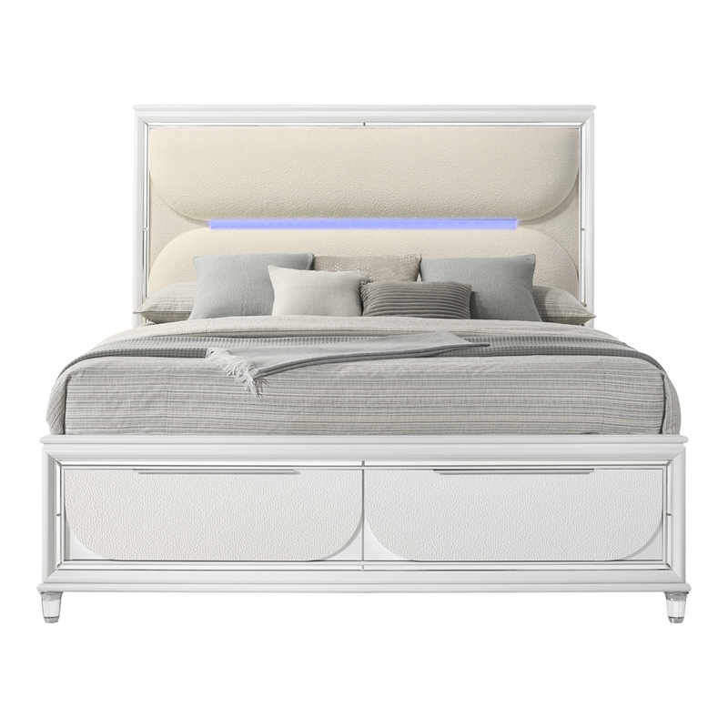 ACME Tarian Wood Eastern King Bed with Storage & LED in White/Pearl White