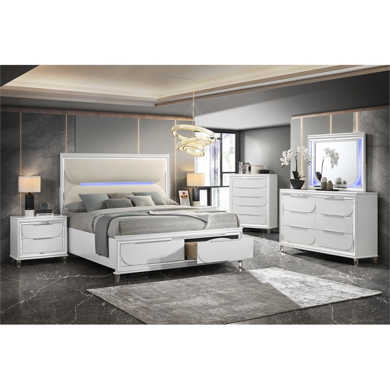 ACME Tarian Wood Queen Bed with Storage & LED in White/Pearl White