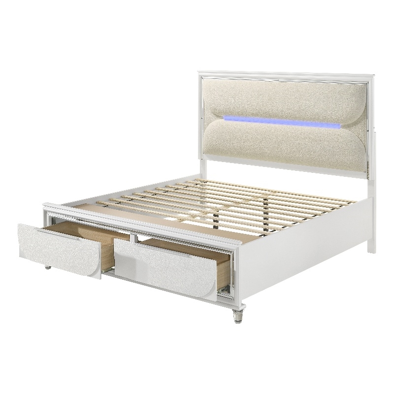 ACME Tarian Wood Queen Bed with Storage & LED in White/Pearl White