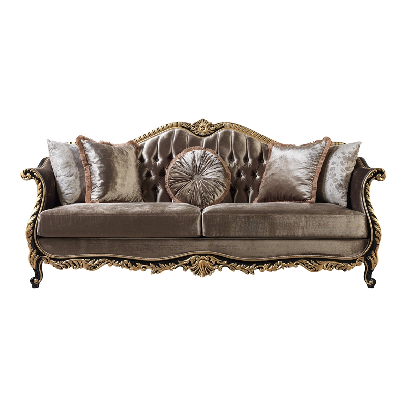 ACME Furniture Betria Velvet Tufted Sofa w/ 5 Pillows in Green Brown