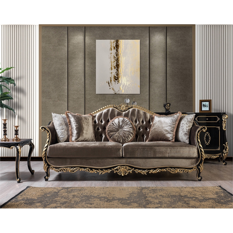 ACME Furniture Betria Velvet Tufted Sofa w/ 5 Pillows in Green Brown