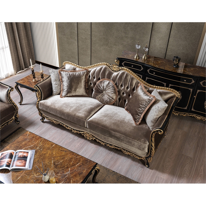 ACME Furniture Betria Velvet Tufted Sofa w/ 5 Pillows in Green Brown