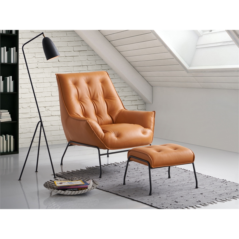 ACME Zusa Leather Upholstered Tufted Accent Chair and Ottoman in Tan
