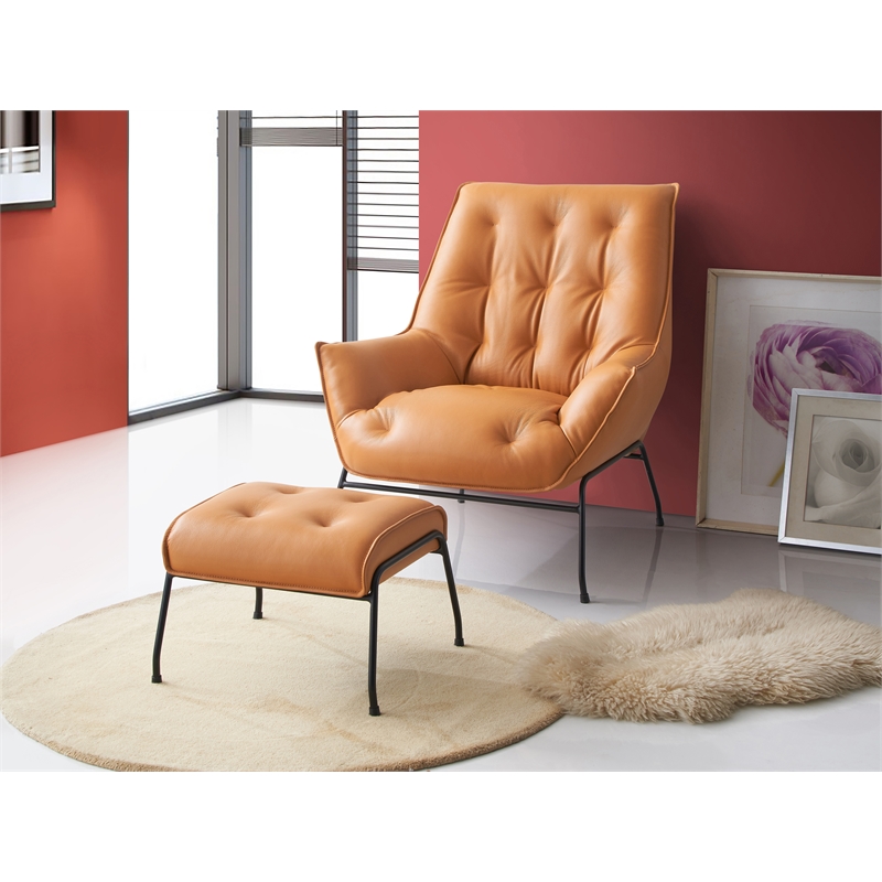 ACME Zusa Leather Upholstered Tufted Accent Chair and Ottoman in Tan