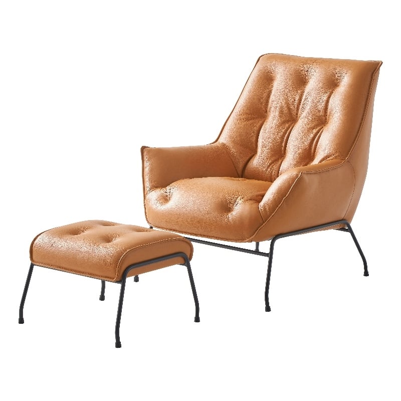 ACME Zusa Leather Upholstered Tufted Accent Chair and Ottoman in Tan