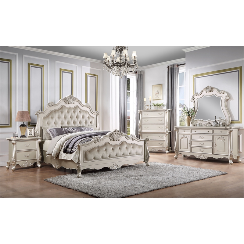 ACME Bently Transitional Button Tufted Wooden Frame Bed in Champagne Gold