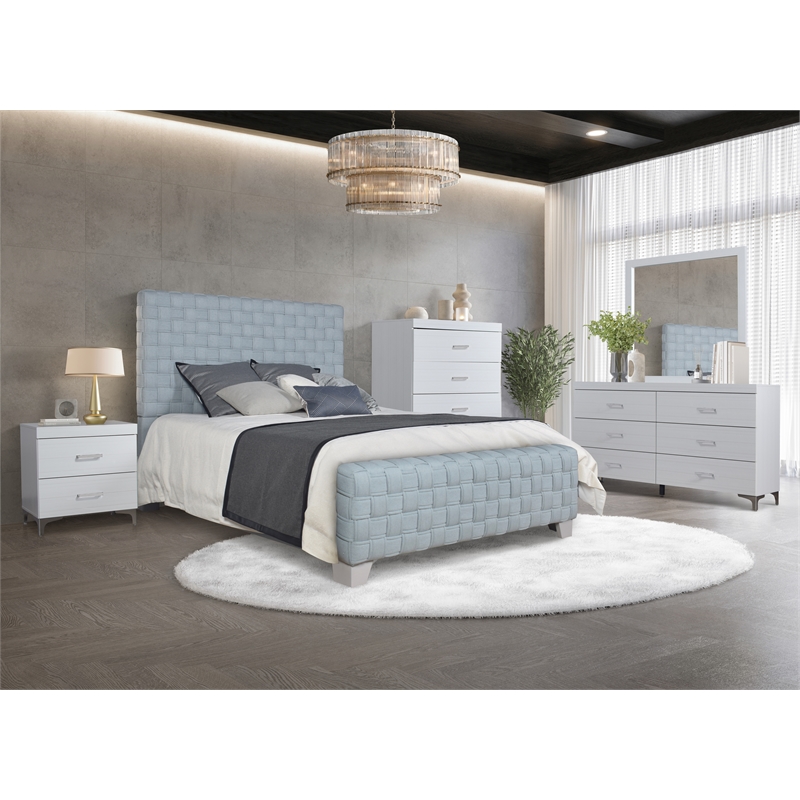 acme saree contemporary chenille upholstered bed in light teal and gray