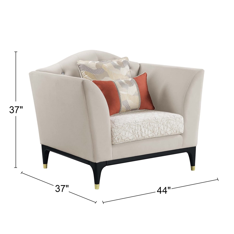ACME Tayden Velvet Upholstered Tufted Chair with 3 Pillows in Beige/Black