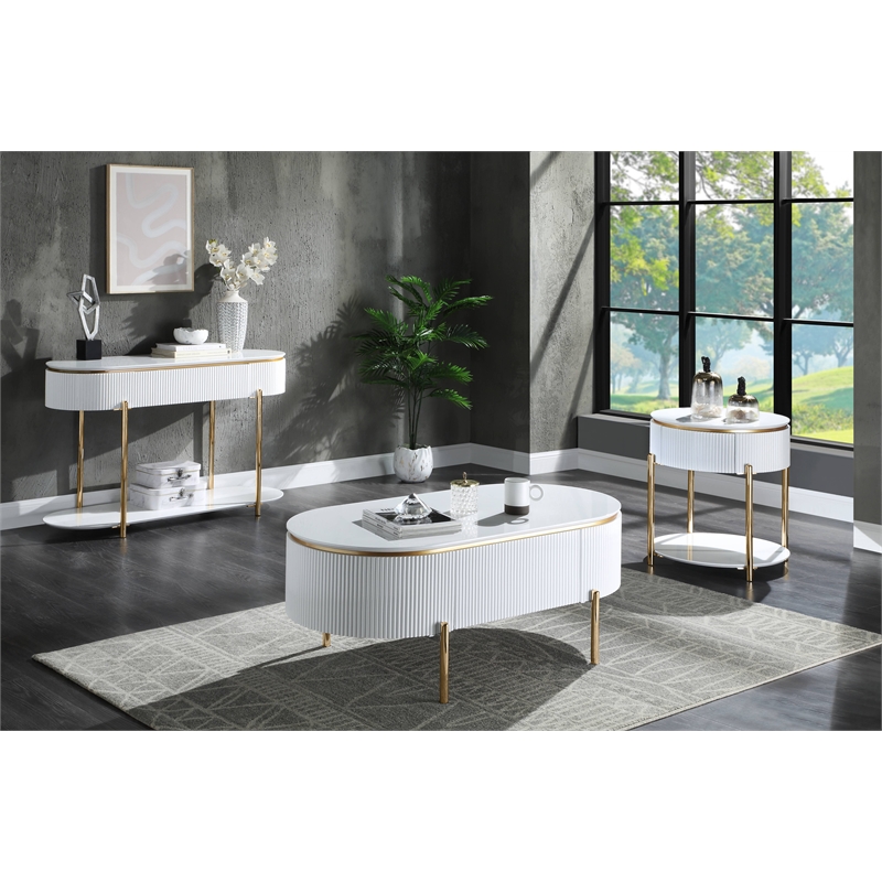 ACME Daveigh Contemporary Wooden/Metal End Table in White High Gloss and Gold