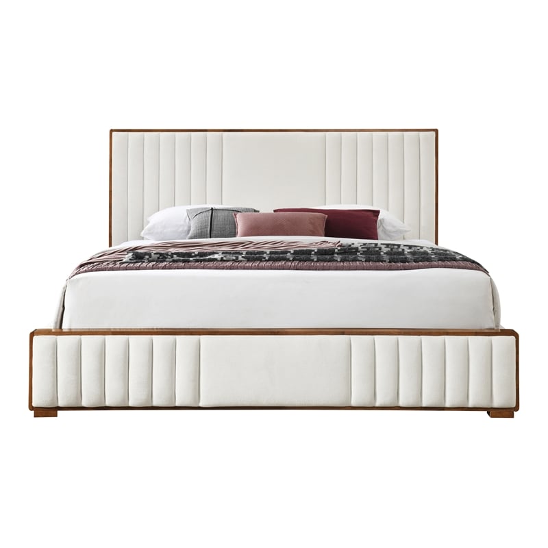 ACME Kaleea Chenille Upholstered Tufted Queen Bed in Beige and Walnut