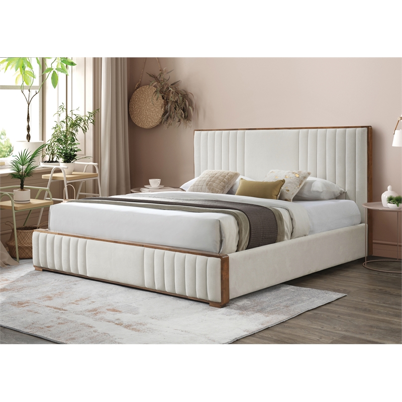 ACME Kaleea Chenille Upholstered Tufted Queen Bed in Beige and Walnut