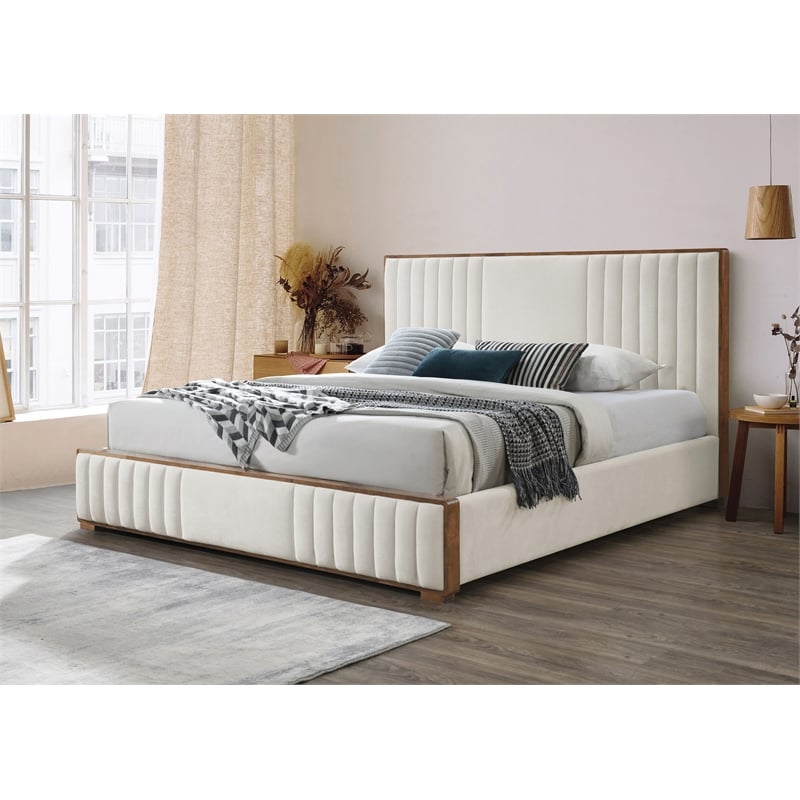 ACME Kaleea Chenille Upholstered Tufted Queen Bed in Beige and Walnut