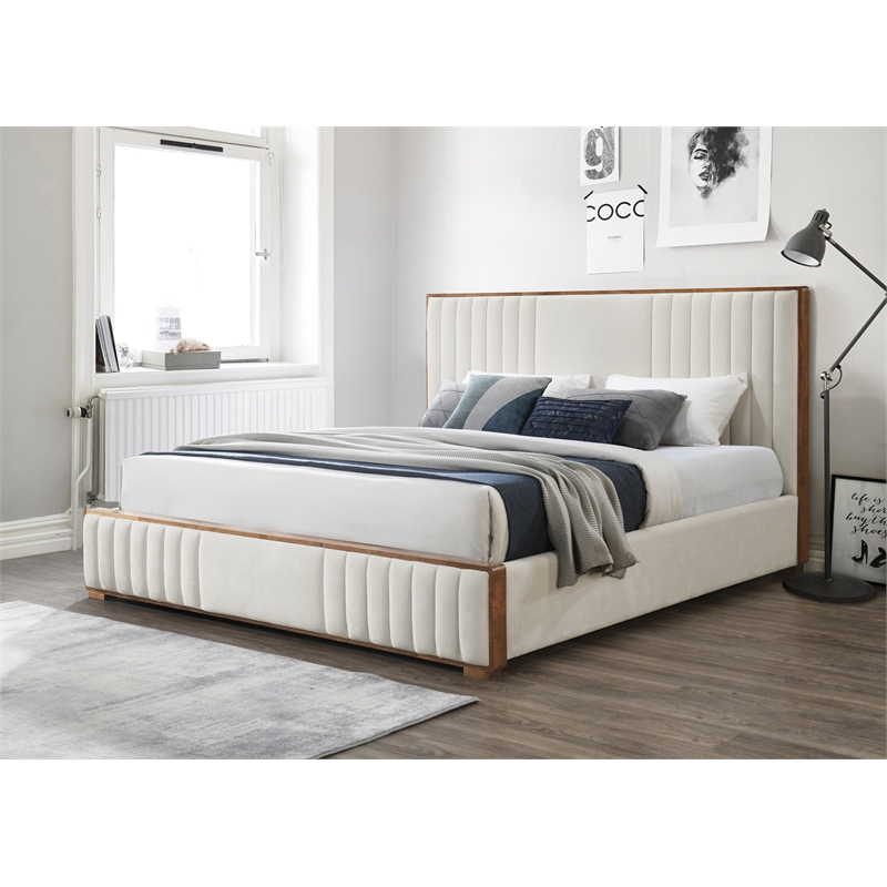 ACME Kaleea Chenille Upholstered Tufted Queen Bed in Beige and Walnut