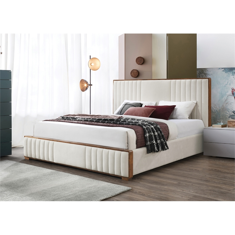 ACME Kaleea Chenille Upholstered Tufted Queen Bed in Beige and Walnut