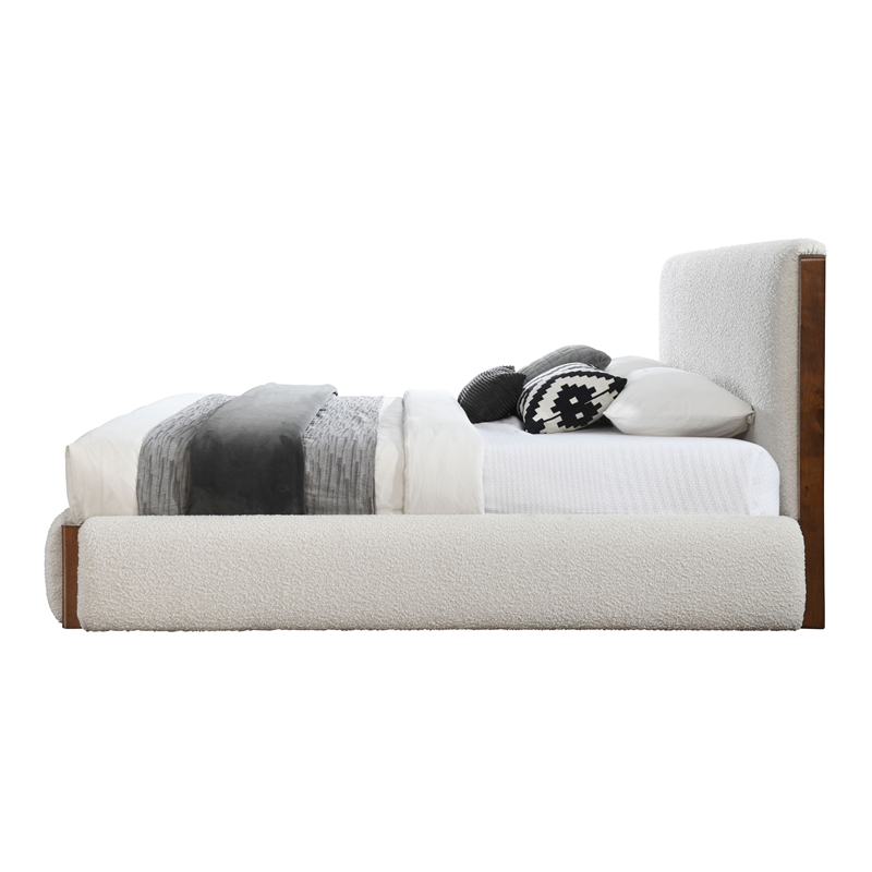 ACME Sandro Contemporary Boucle Fabric Upholstered Queen Bed in White and Walnut
