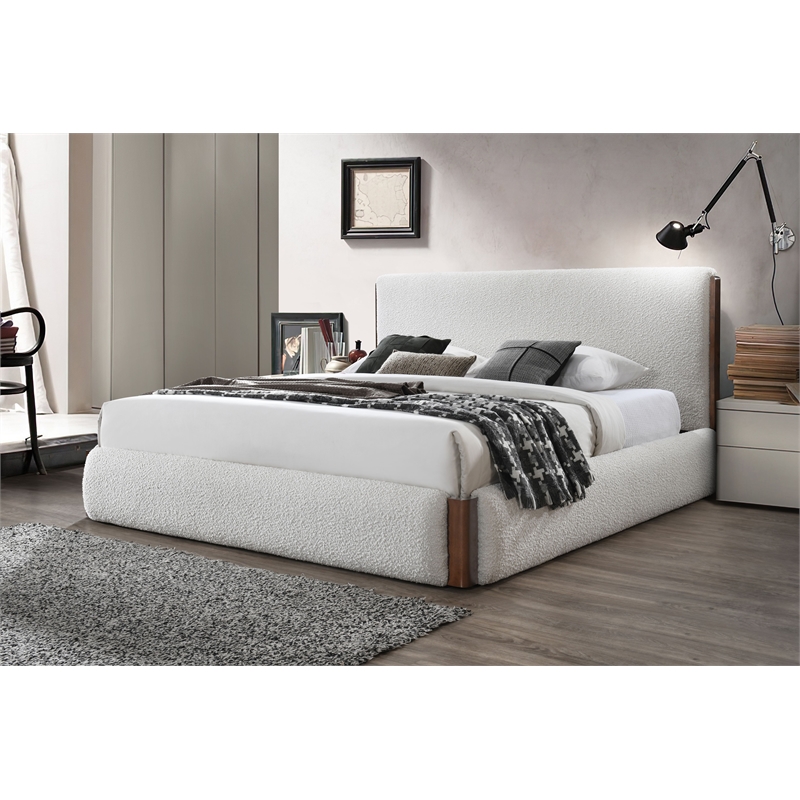 ACME Sandro Contemporary Boucle Fabric Upholstered Queen Bed in White and Walnut