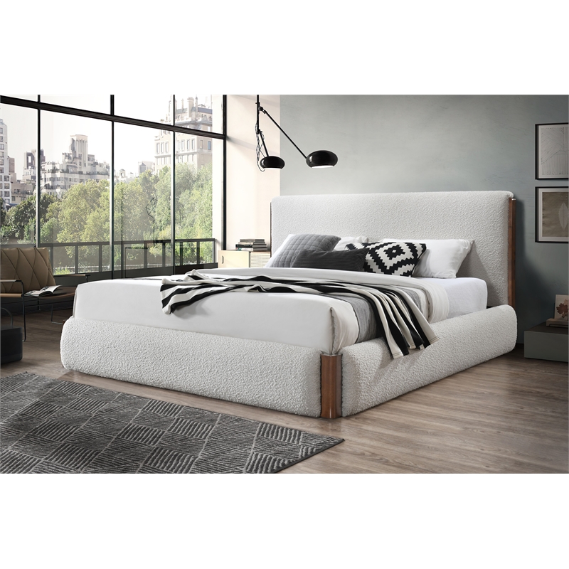 ACME Sandro Contemporary Boucle Fabric Upholstered Queen Bed in White and Walnut