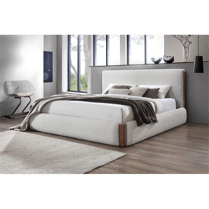 ACME Sandro Contemporary Boucle Fabric Upholstered Queen Bed in White and Walnut