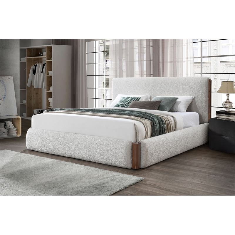 ACME Sandro Contemporary Boucle Fabric Upholstered Queen Bed in White and Walnut