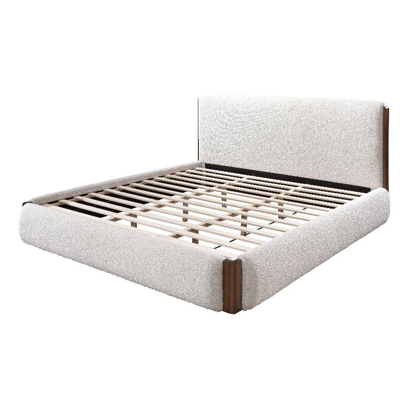 ACME Sandro Contemporary Boucle Fabric Upholstered Queen Bed in White and Walnut