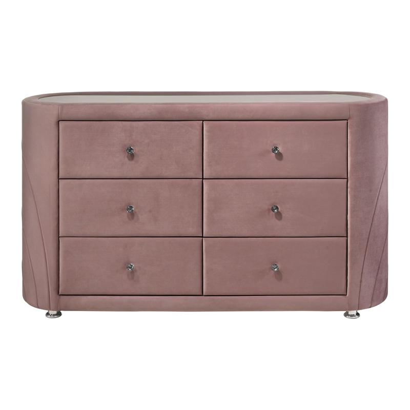 ACME Salonia Contemporary Velvet Upholstered 6-Drawers Bedroom Dresser in Pink