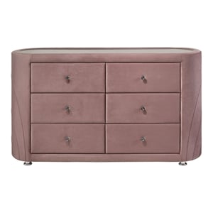 acme salonia contemporary velvet upholstered 6-drawers bedroom dresser in pink