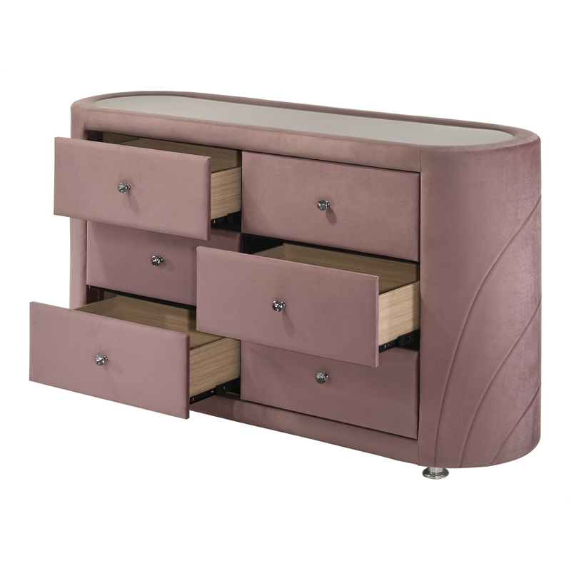 ACME Salonia Contemporary Velvet Upholstered 6-Drawers Bedroom Dresser in Pink