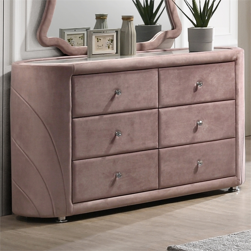 ACME Salonia Contemporary Velvet Upholstered 6-Drawers Bedroom Dresser in Pink