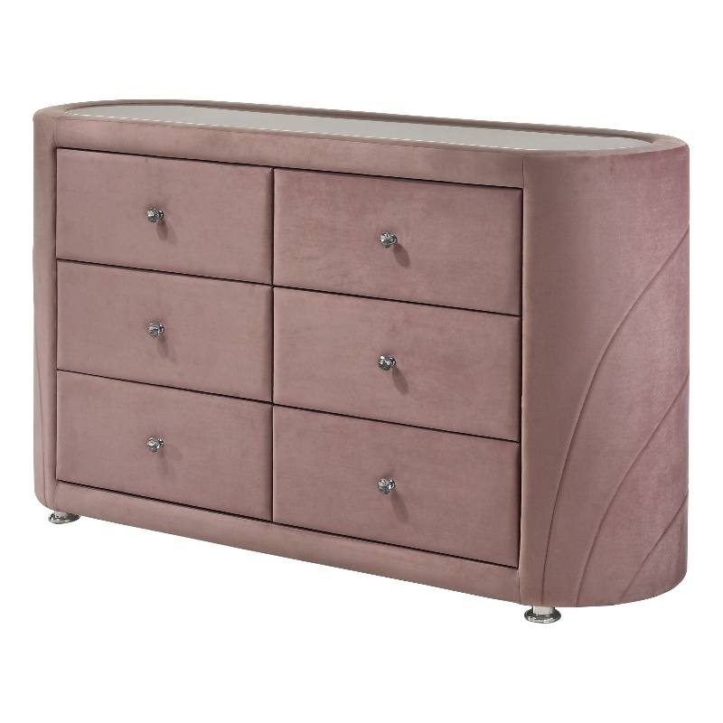 ACME Salonia Contemporary Velvet Upholstered 6-Drawers Bedroom Dresser in Pink